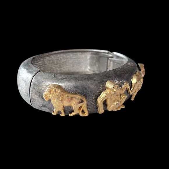 Vintage Mixed Metal Safari Animals Clamper Bracelet - Picture 2 of 11